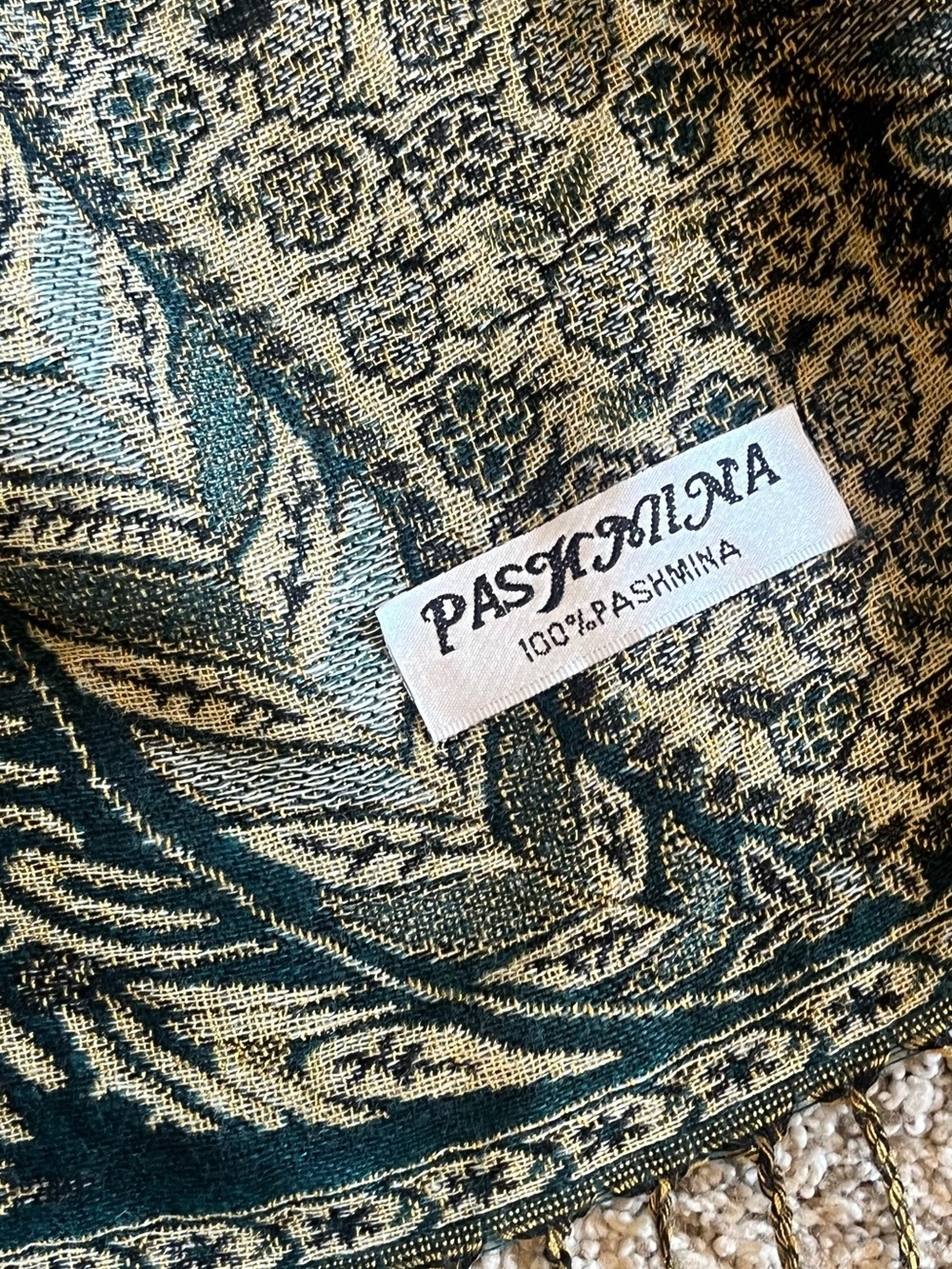 100% Pashmina Jaquard Wrap Teal and Gold Woven Paisley Shawl - Picture 4 of 5